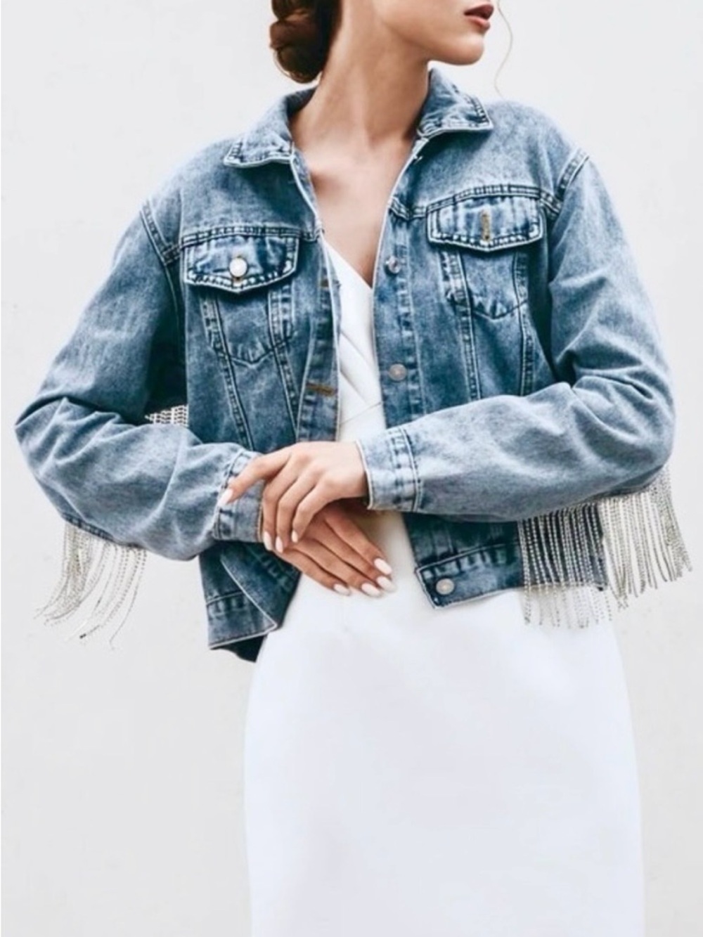 Heirloom Bridal Mrs Fancy Rhinestone Fringe Denim Jacket S